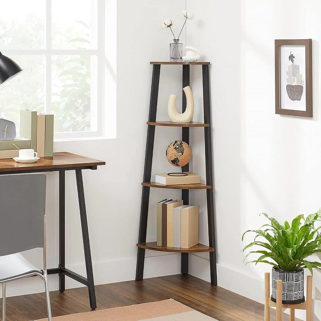 QuikFurn Narrow 3-Shelf Corner Shelving Unit Plant Stand Bookcase in Brown Black Wood 1