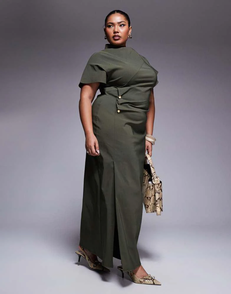 ASOS ASOS DESIGN Curve ruched waist bengaline midi dress in khaki green 1