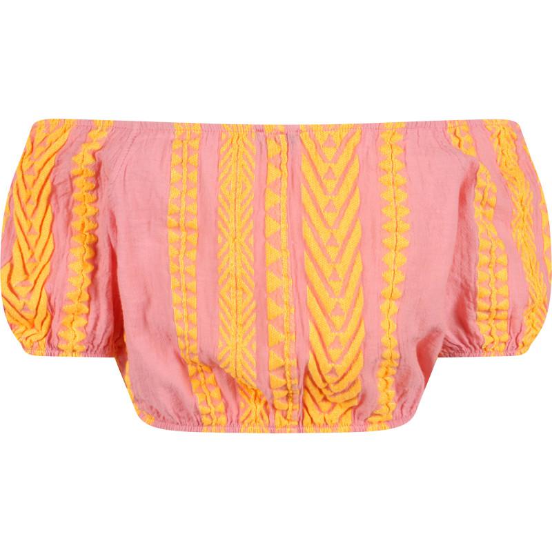 Devotion Geometric print cold shoulders cropped blouse in neon orange and pink