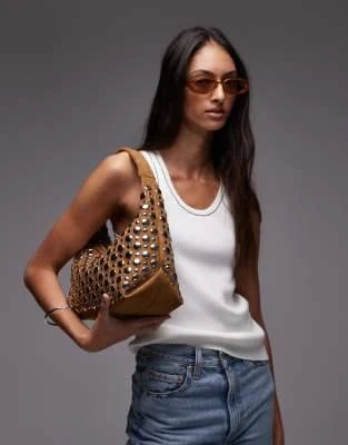 Topshop Topshop Samantha studded shoulder bag in tan 4