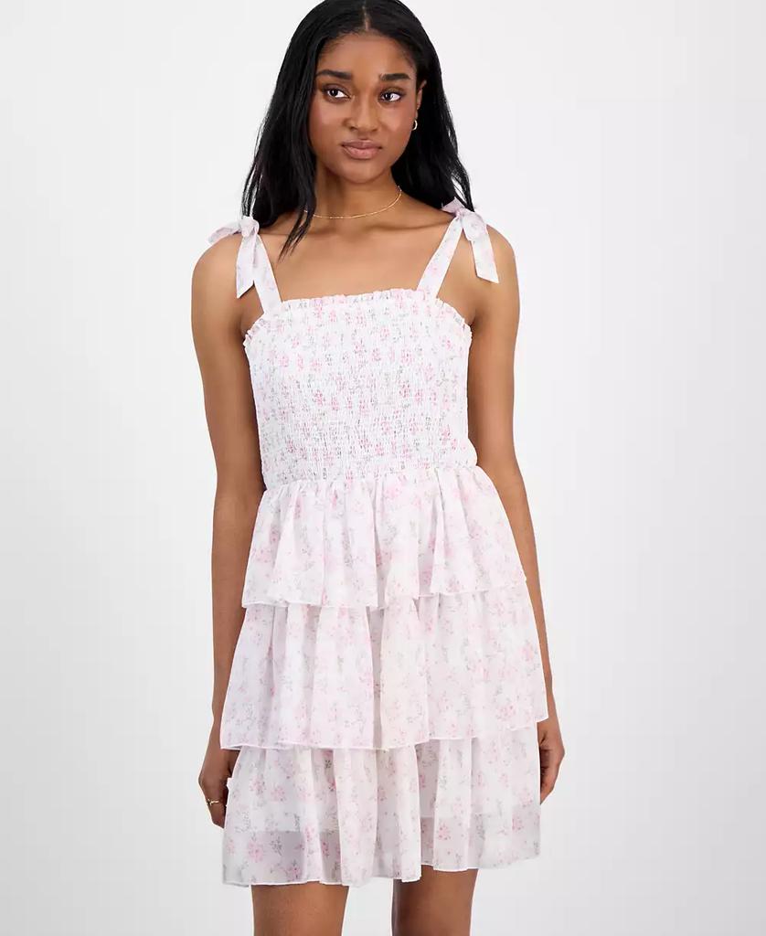 Celebrity Pink Juniors' Floral-Print Smocked Tiered Chiffon Mini Dress