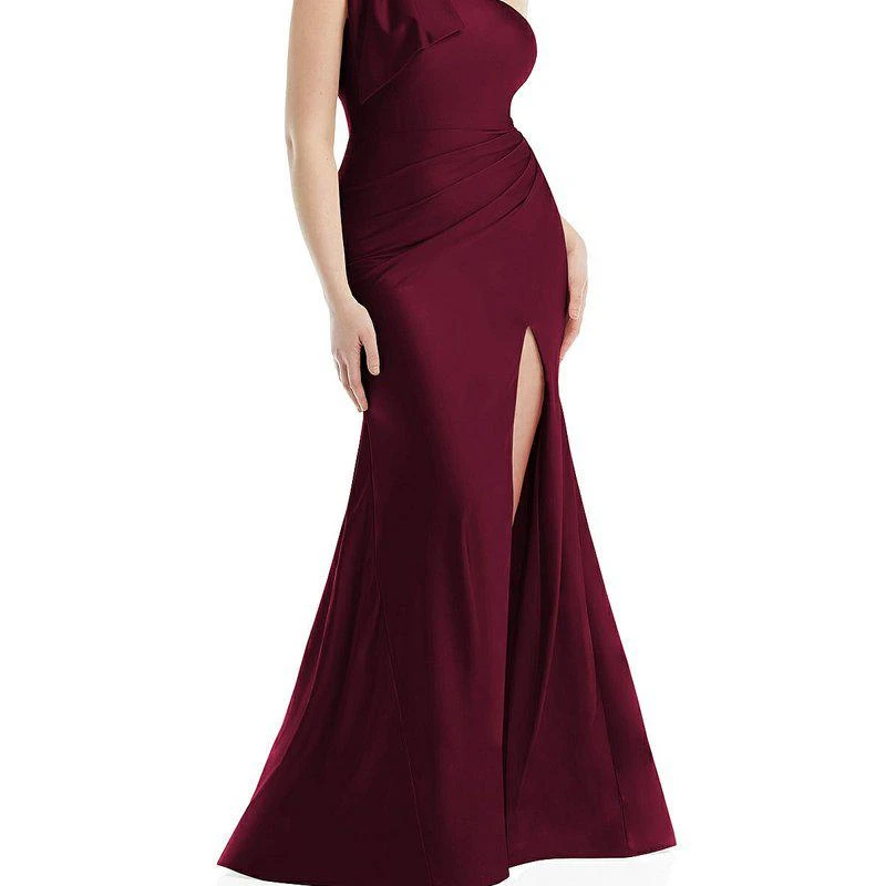 Cynthia & Sahar Cascading Bow One-Shoulder Stretch Satin Mermaid Dress With Slight Train CS108 1