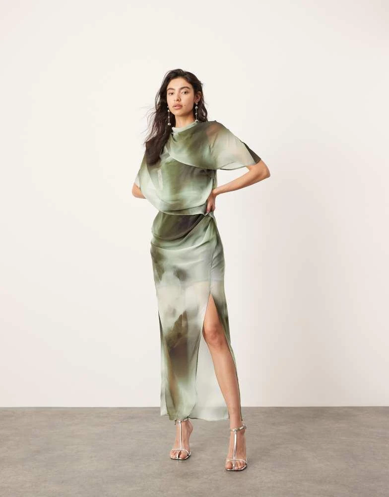 ASOS ASOS EDITION drape neck midi dress in green shadow print 1