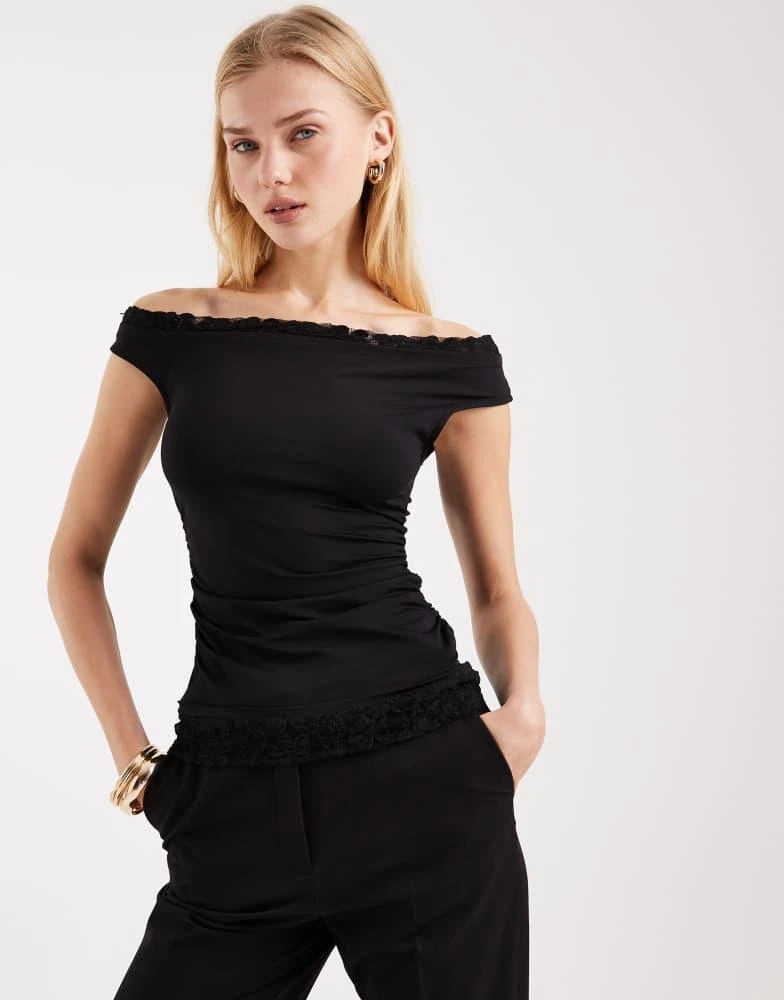 ASOS ASOS DESIGN asymmetric sleeve lace trim detail top in black