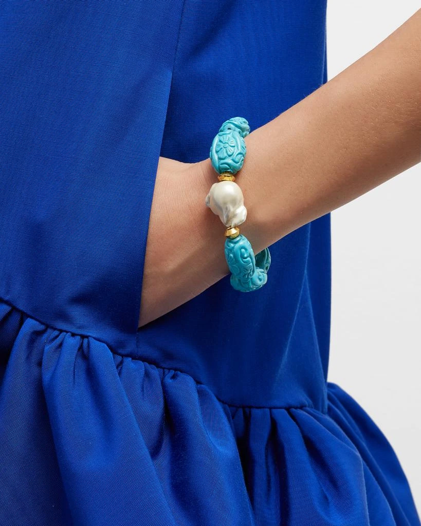 Devon Leigh Pearl and Carved Turquoise-Colored Stretch Bracelet 2