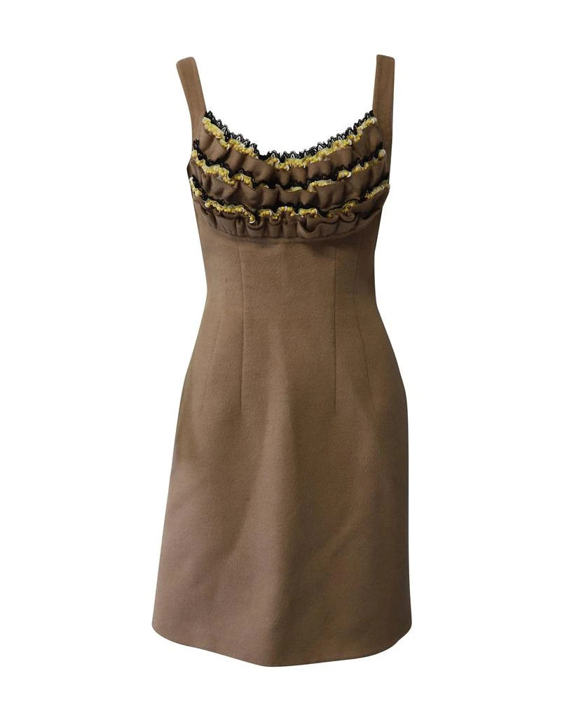 Prada Beaded Ruffle Sleeveless Dress in Nude Brown Wool 1