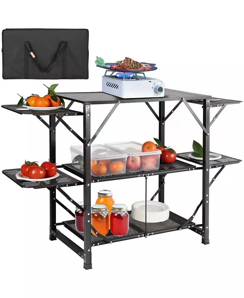 Mecale Camping Kitchen Table Cook Station, One-Piece Folding Portable Aluminum Table with Carrying Bag, 4 Side Tables and 2 Shelves