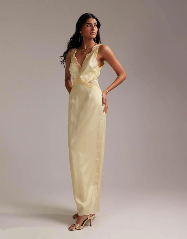 ASOS ASOS DESIGN Bridesmaids plunge neck lace detail satin column maxi dress in soft yellow 1