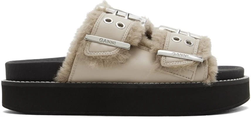 Ganni Taupe Feminine Buckle Flat Sandals 1