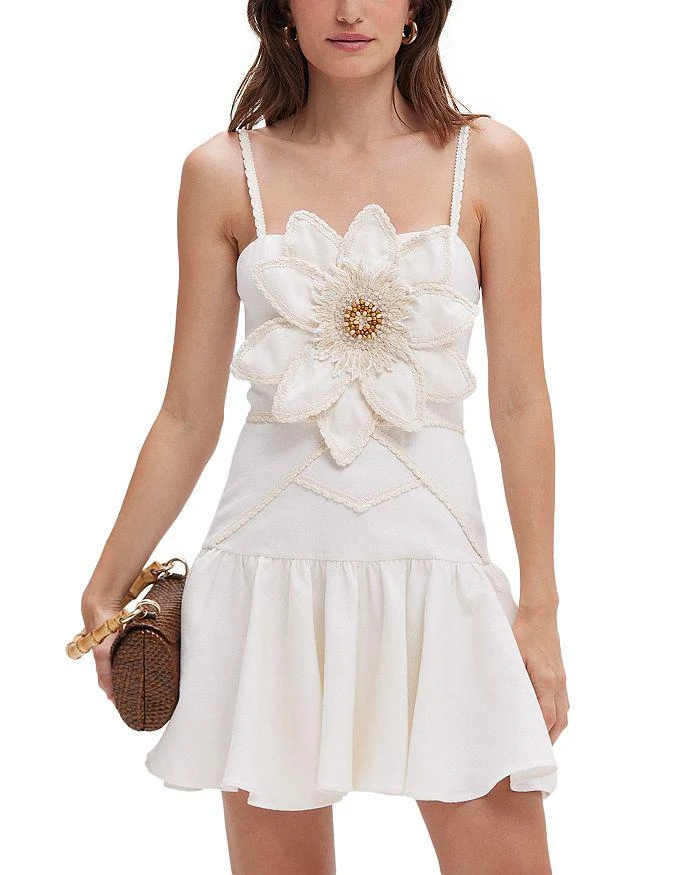 Tropic Linen Flower Mini Dress - 10 / Off White