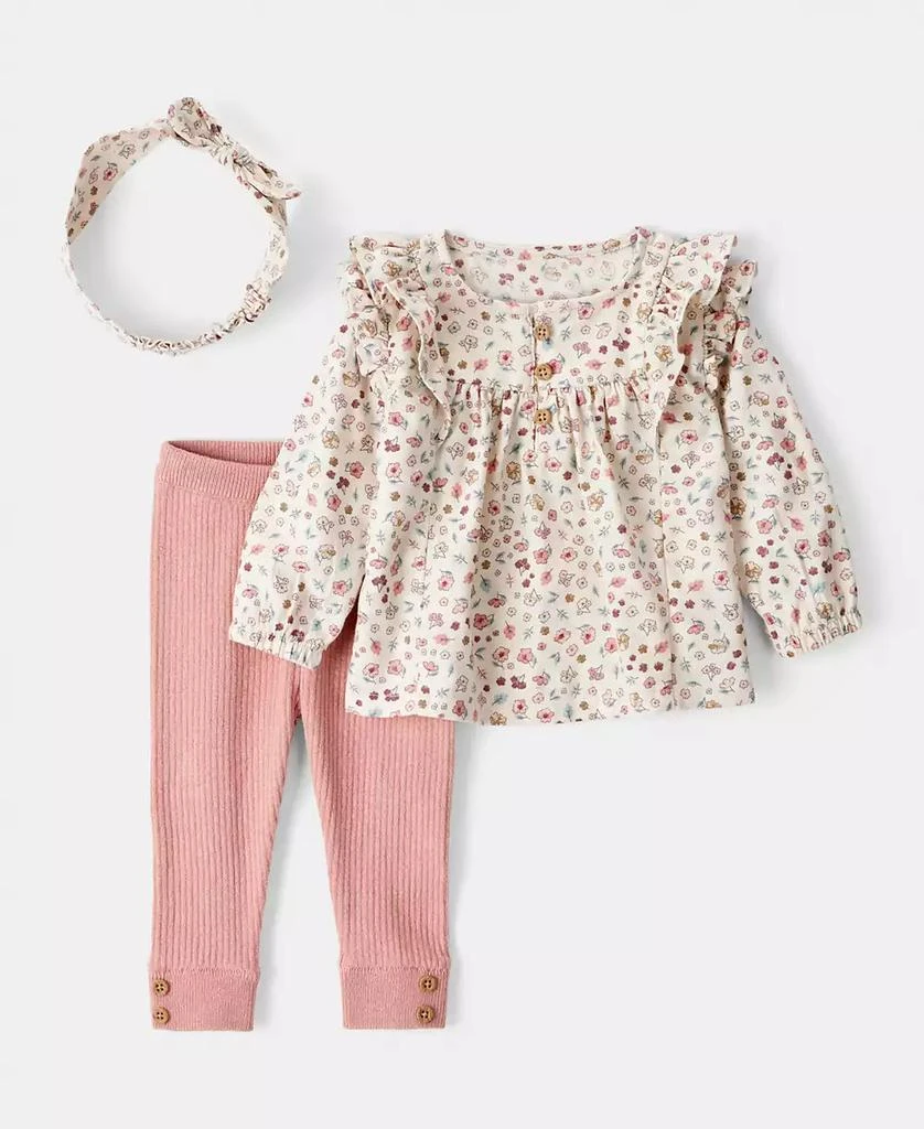 Carter's Baby Girls Cotton Floral-Print Headwrap, T-Shirt & Pants, 3 Piece Set 1