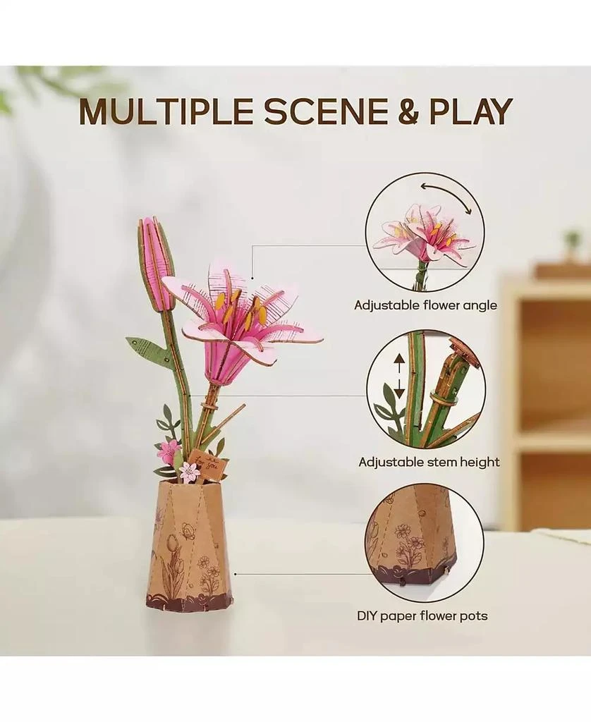 Flash Popup DIY 3D Wood Puzzle Pink Lily 73 pieces 3