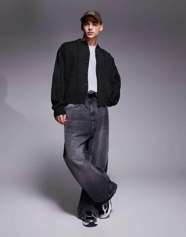 ASOS ASOS DESIGN oversized boxy fit knitted polo jumper with stripe in charcoal marl 3