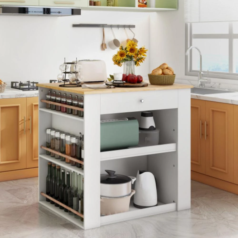 Hivvago Modern Kitchen Island with Rubber Wood Countertop and Storage-White