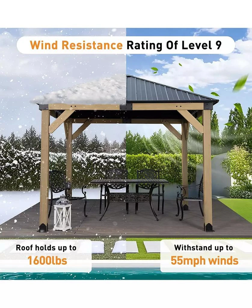 Aoodor 10 x 10 ft Wooden Frame Gazebo with Galvanized Metal Hardtop Roof, Outdoor Patio Gazebo with Charging Socket 4
