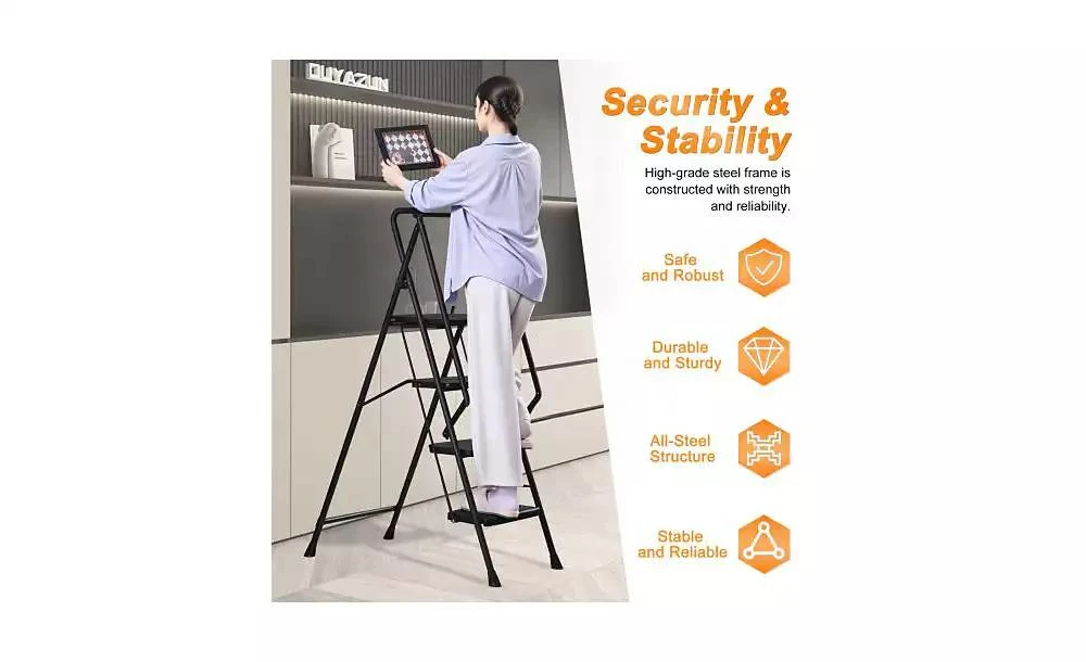 Flynama Four Step Folding Ladder Lightweight Steel Wide Anti Slip Pedal Portable Stool for Home Kitchen Office 11