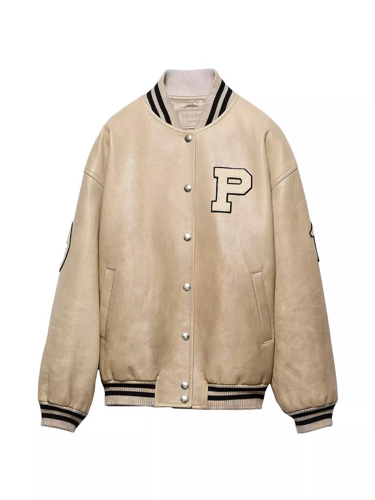 レザージャケット・コート PRADA LEATHER BOMBER WITH PATCH Prada - Leather Bomber Jacket with Patch in Black