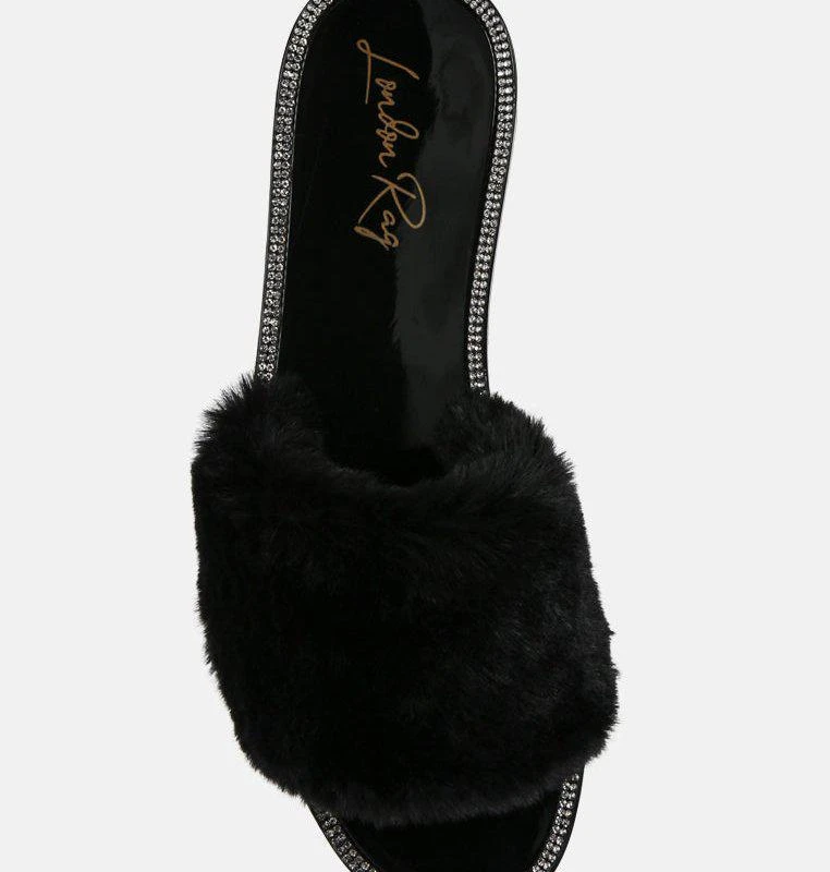 London Rag Geese Faux Fur Diamante Detail Jelly Flats 2