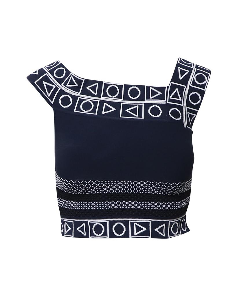 PETER PILOTTO Geometric Print Sleeveless Cropped Top in Navy Blue Viscose