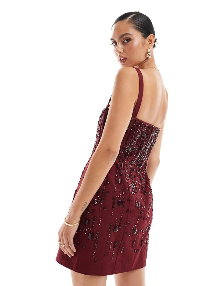 ASOS ASOS DESIGN structured gem embellished mini dress in oxblood 2