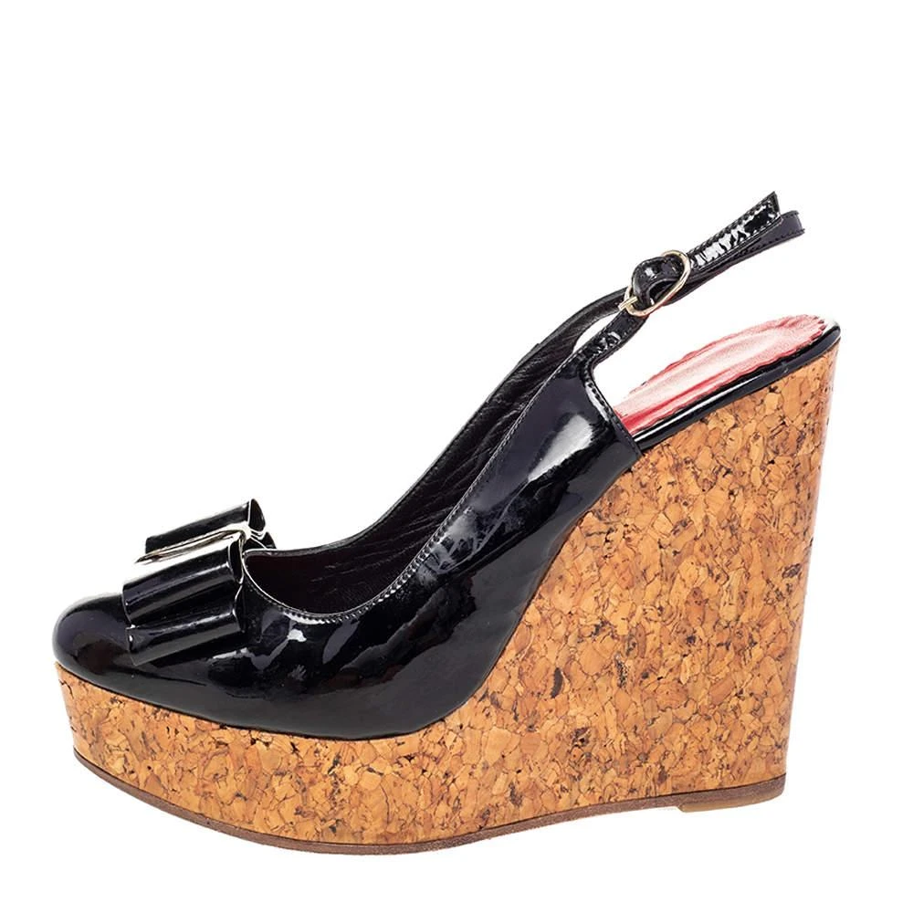 CH Carolina Herrera CH Carolina Herrera Black Leather Bow Wedge Sandals Size 37 2