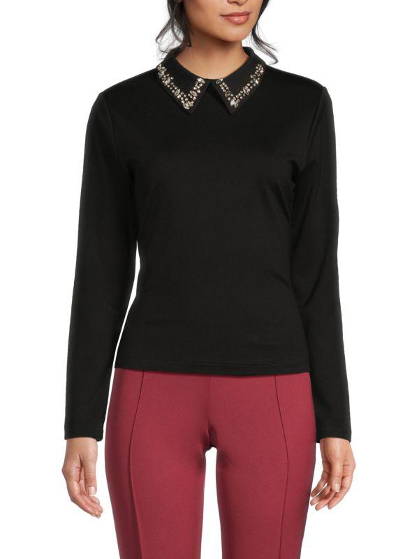 Lea & Viola Long Sleeve Embellished-Collar Top