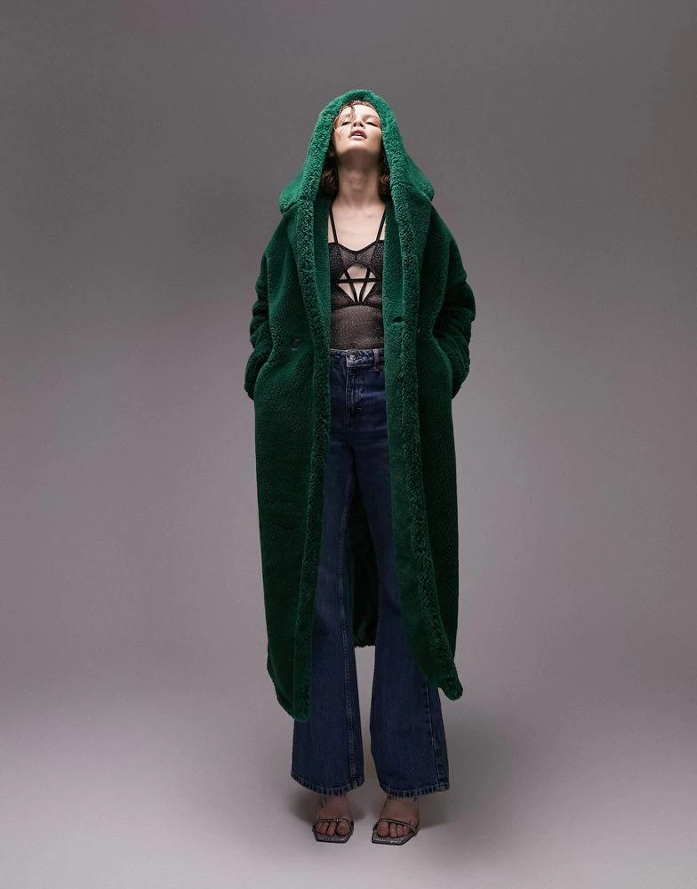 Topshop Topshop hooded borg coat in green 4