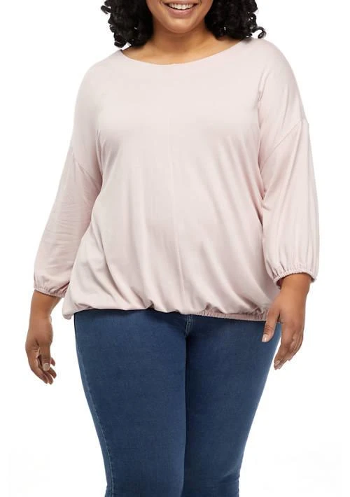 Wonderly Plus Size Solid Banded Hem Balloon Sleeve Top 1