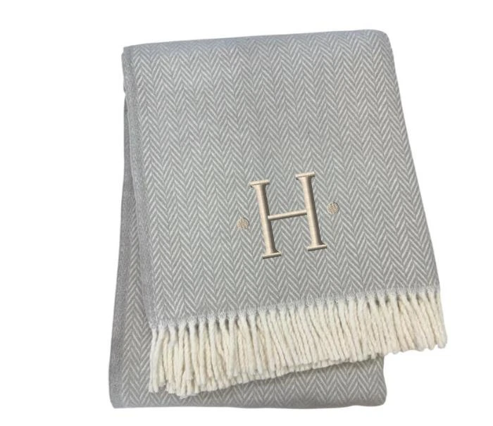 Hivvago 55" X 70" Gray And White Herringbone Cotton Blend H Initial Throw Blanket with Tassels And Embroidery 3