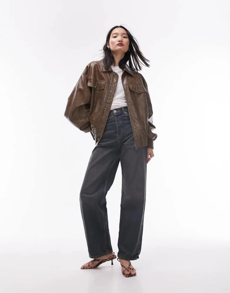 Topshop Topshop faux leather bomber jacket in washed brown 2
