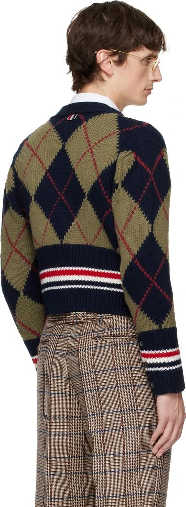 Thom Browne Khaki 
Navy Merino Argyle Intarsia V Neck Cardigan 3
