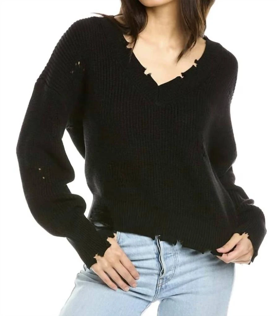 525 America Distressed Shaker V Neck Sweater In Black 1