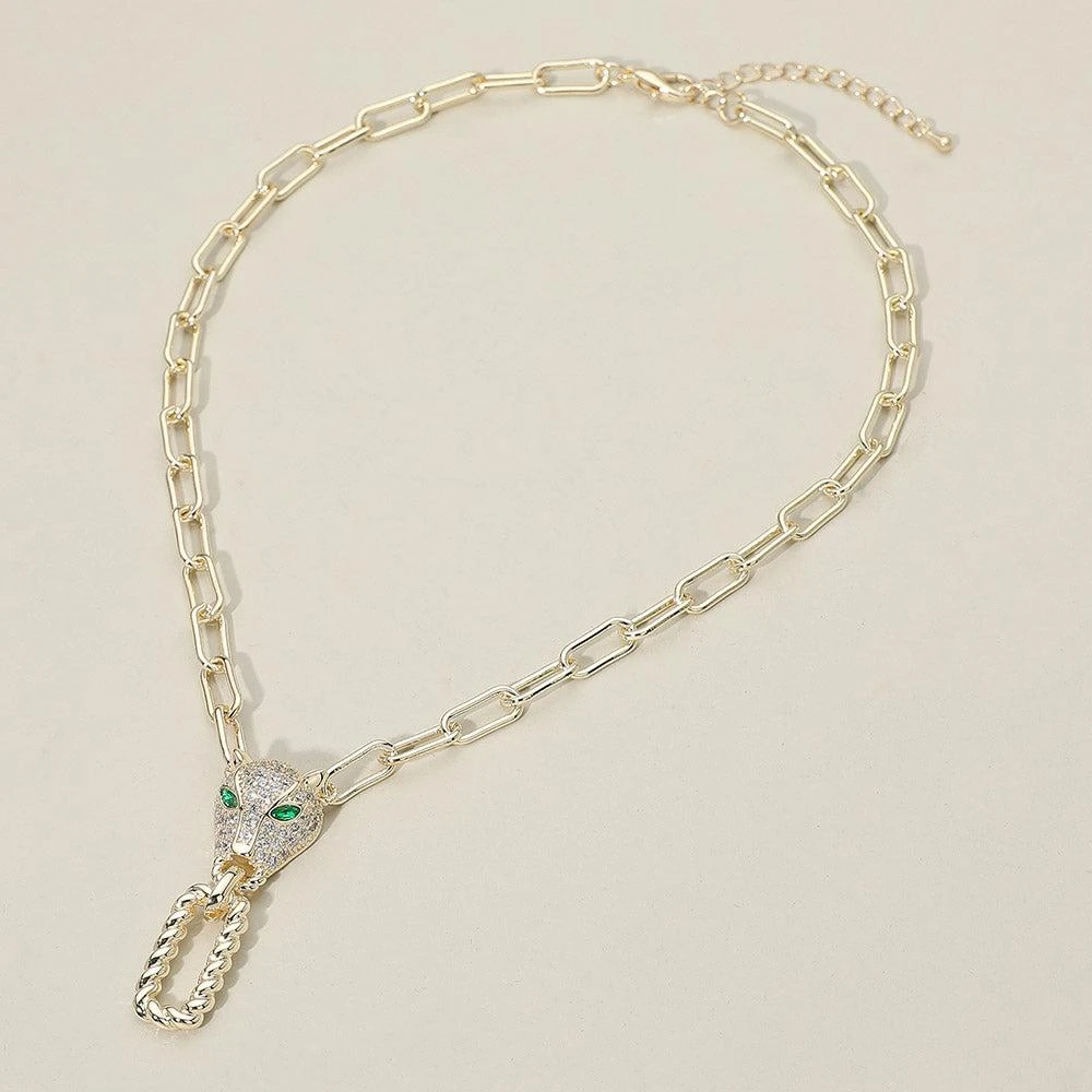 FASHNZFAB 14K Gold Plated CZ Stone Paved Leopard Panther Twisted Open Rectangle Pendant Necklace 2