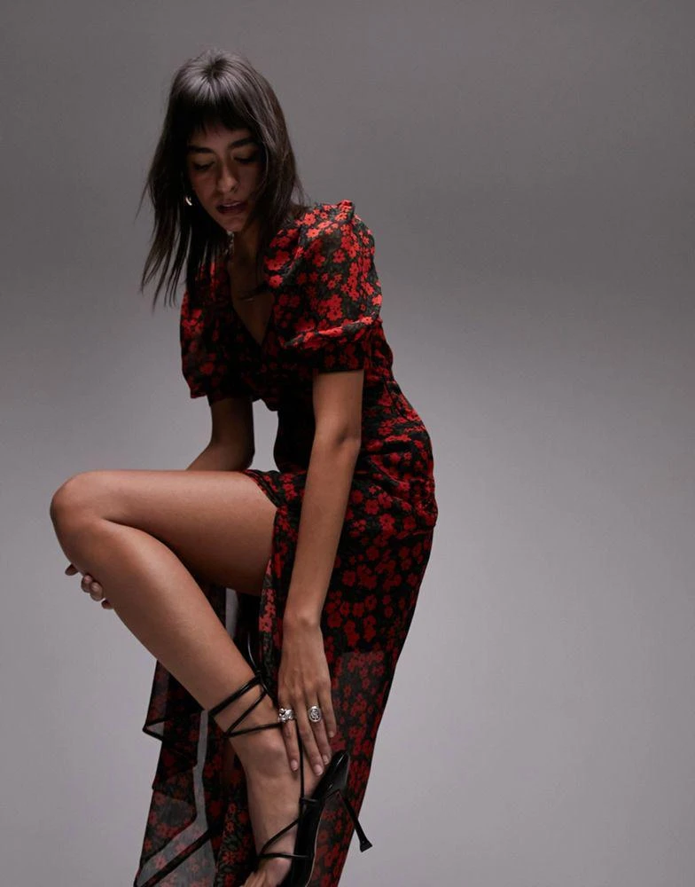 Topshop Topshop puff sleeve bias maxi dress in red print 4