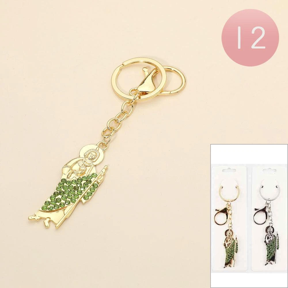 FASHNZFAB 12PCS - Rhinestone Paved Religious Saint Figure Bag Charm Keychain