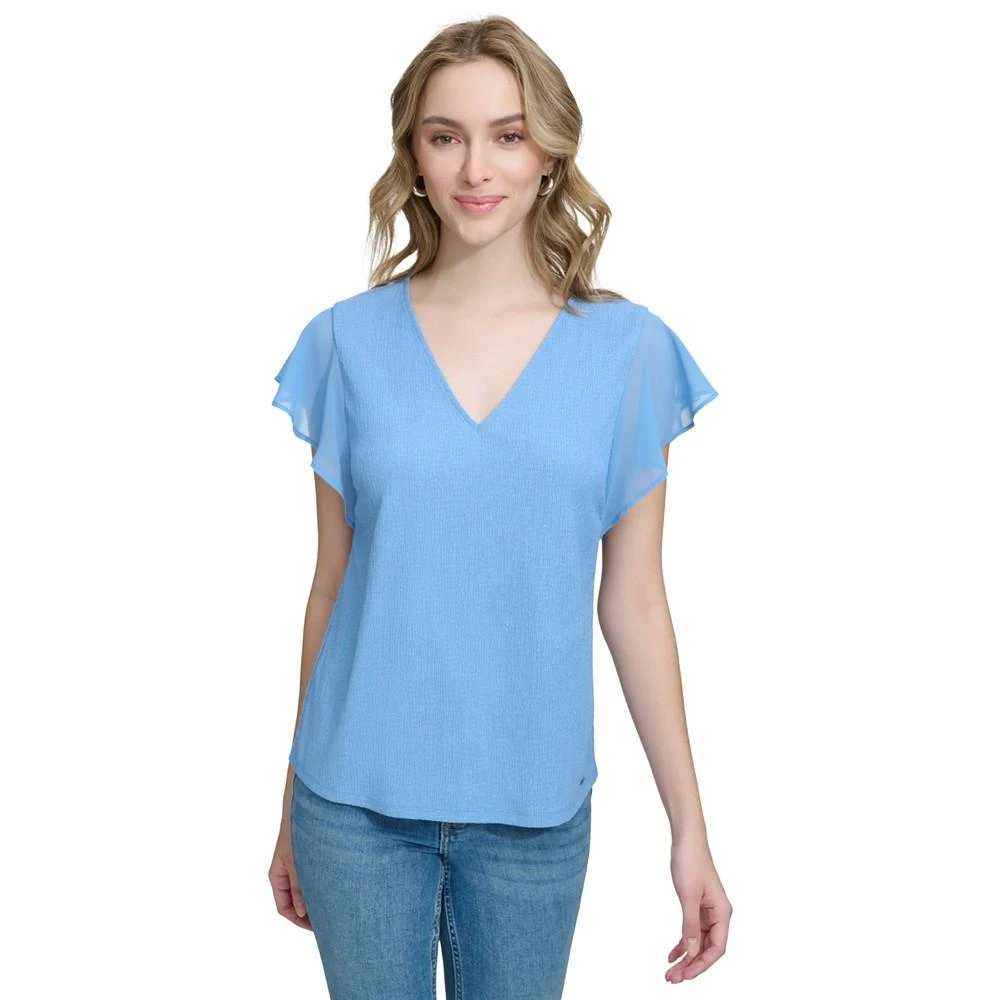 Calvin Klein Women's Chiffon-Sleeve Crinkle V-Neck Top 1