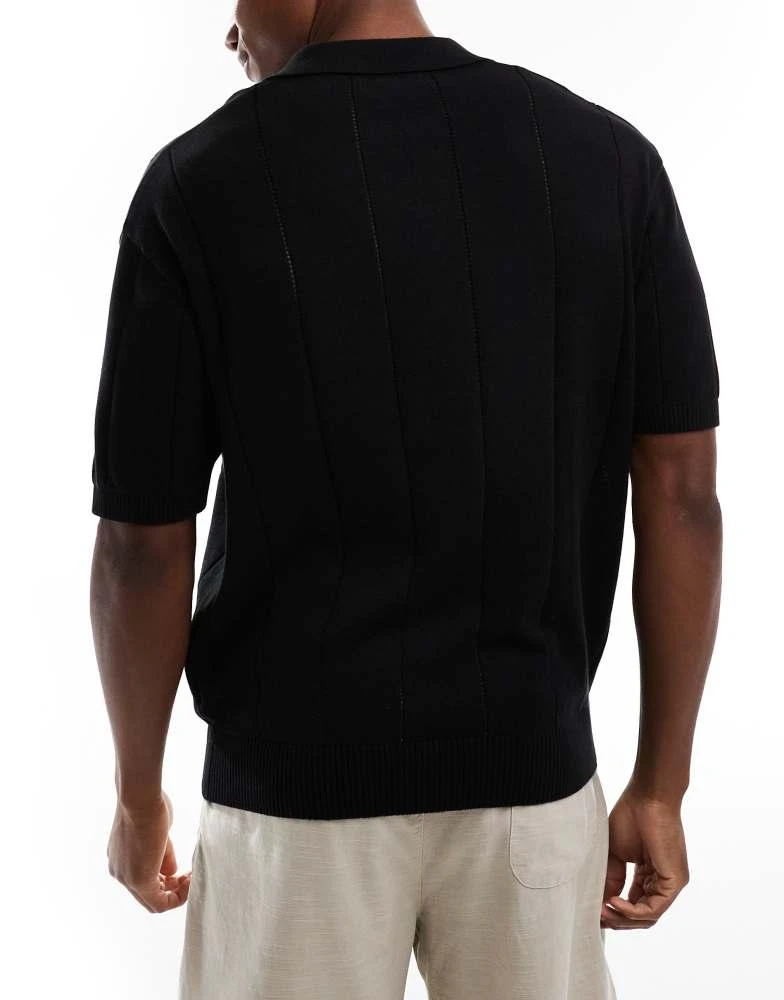 Bershka Bershka textured knitted polo shirt in black 2
