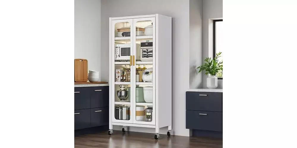 Flynama 65inch Kitchen Pantry Storage Cabinet 6 Tier Metal Display Cabinet with Transparent Door Adjustable Shelves Wheels White 9