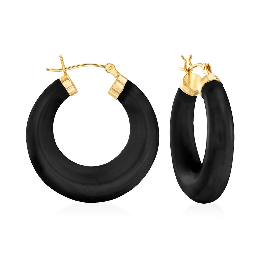 Ross-Simons Ross-Simons Black Onyx Hoop Earrings in 14kt Yellow Gold