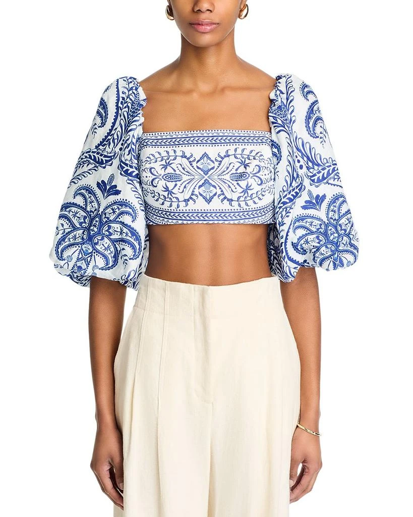 Farm Rio Linen Balloon Sleeve Cropped Top 6