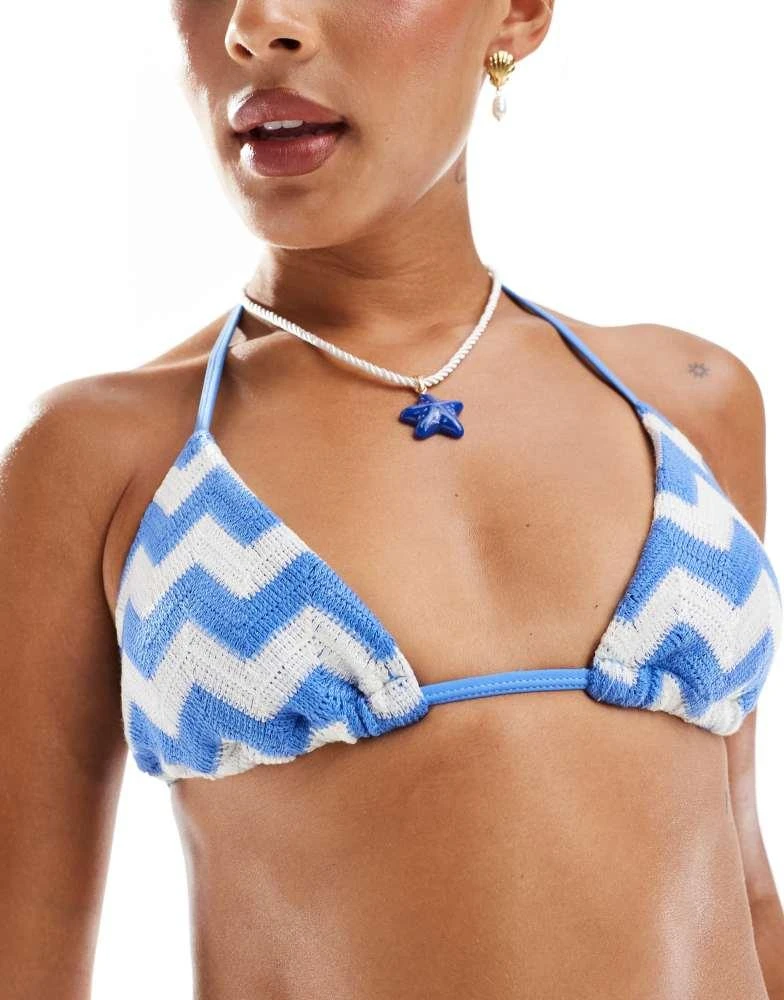 New Look New Look wave crochet triangle bikini top in blue 4