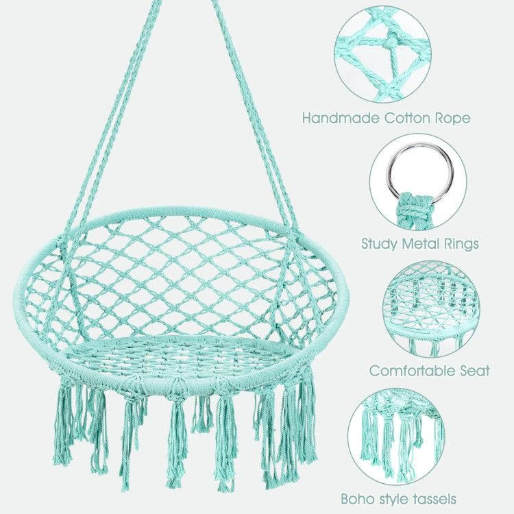 Hivvago Hanging Macrame Hammock Chair with Handwoven Cotton Backrest-Turquoise 4