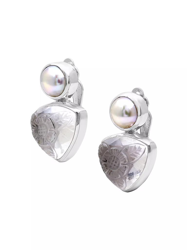 Stephen Dweck Carventurous Silver Pearl Hand-Carved Natural Quartz & Mother-Of-Pearl Clip Earrings