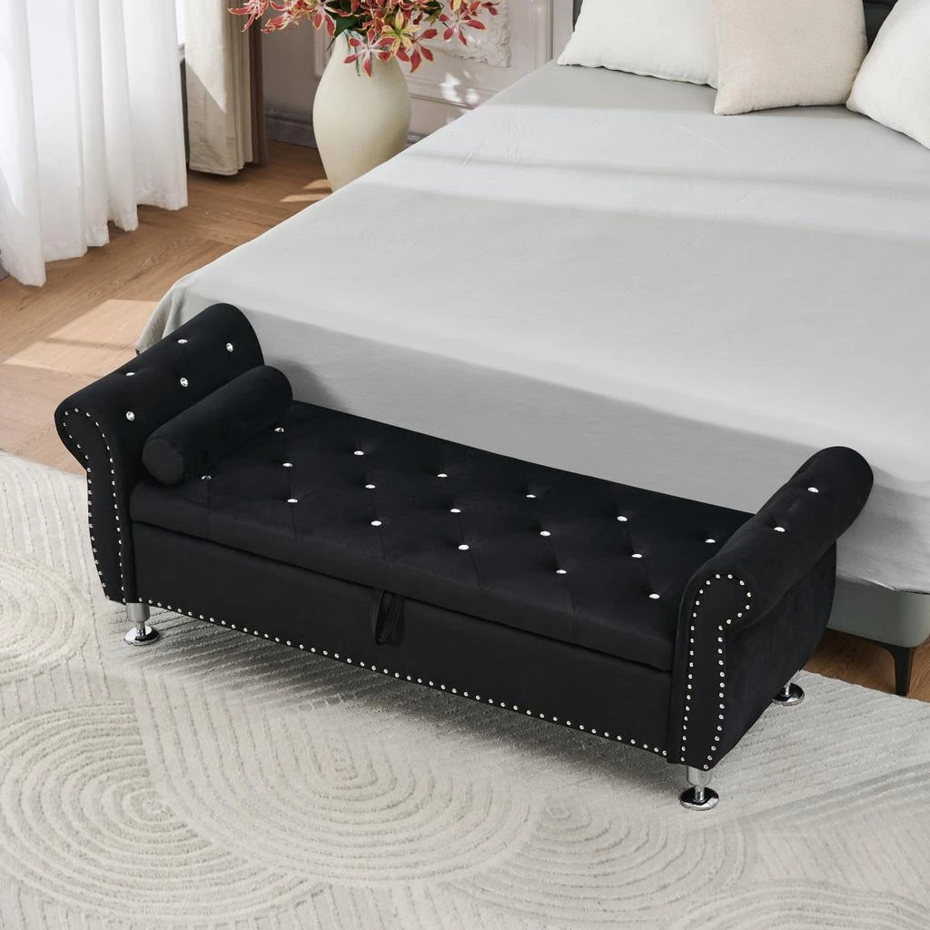 Streamdale Furniture Streamdale Soft Velvet Storage Bench with Crystal Buttons 
Pillow (Black) 5