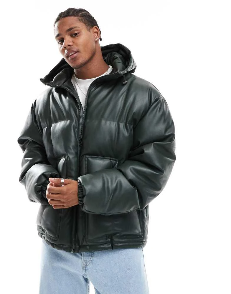 ASOS ASOS DESIGN faux leather puffer jacket with hood in green 1