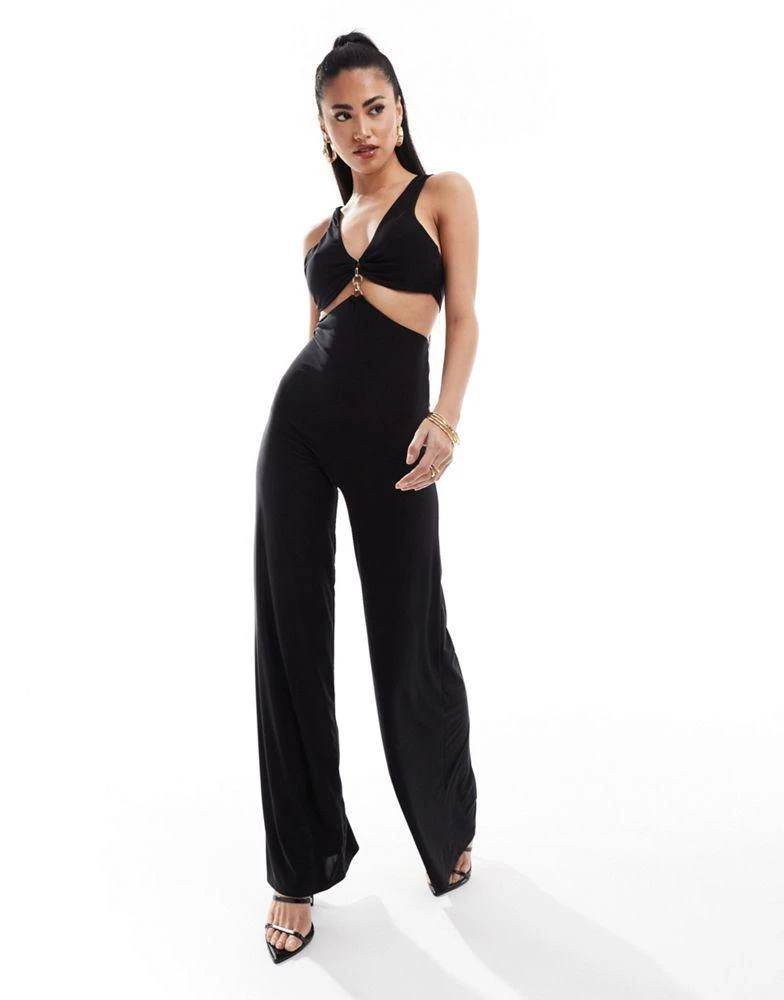 ASOS ASOS DESIGN trim detail halter cross back jumpsuit in black 1