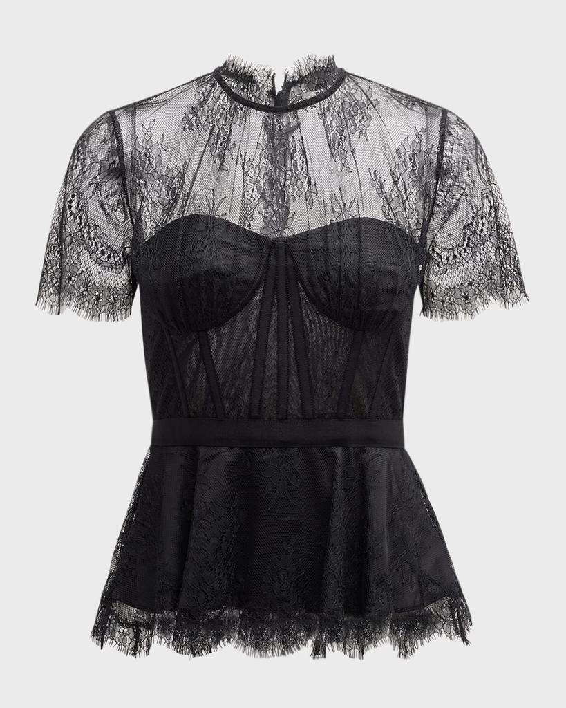 SIMKHAI Kehlani Sheer Lace Short-Sleeve Peplum Bustier Top