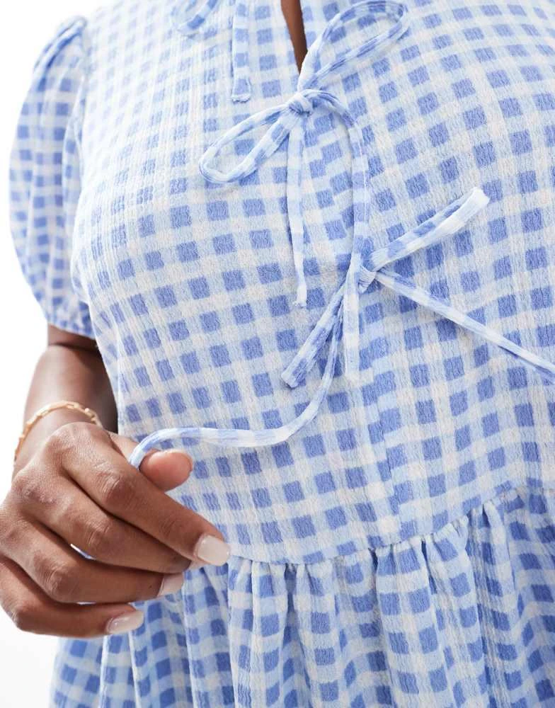 New Look Plus New Look Curve tie front peplum top in blue gingham 3