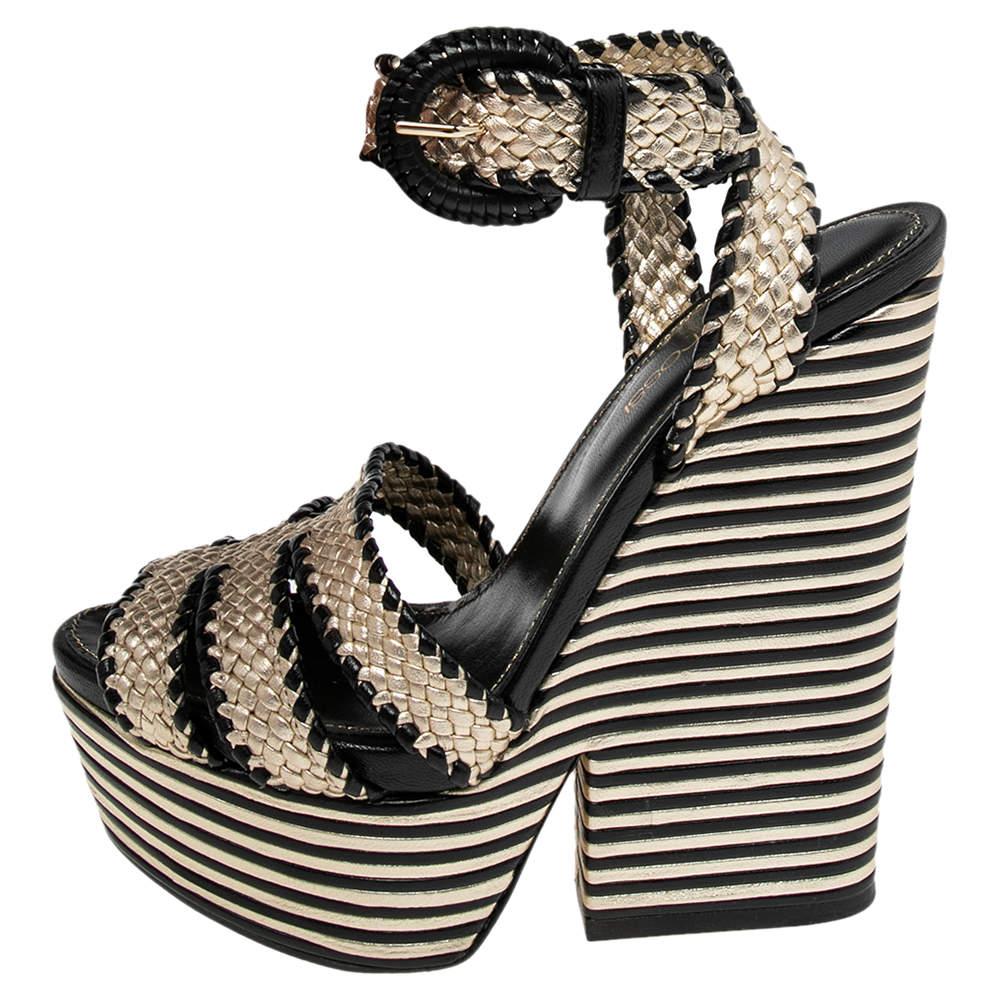 Sergio Rossi Sergio Rossi Gold/Black Leather Braided Ankle Strap Wedges Sandal Size 35
