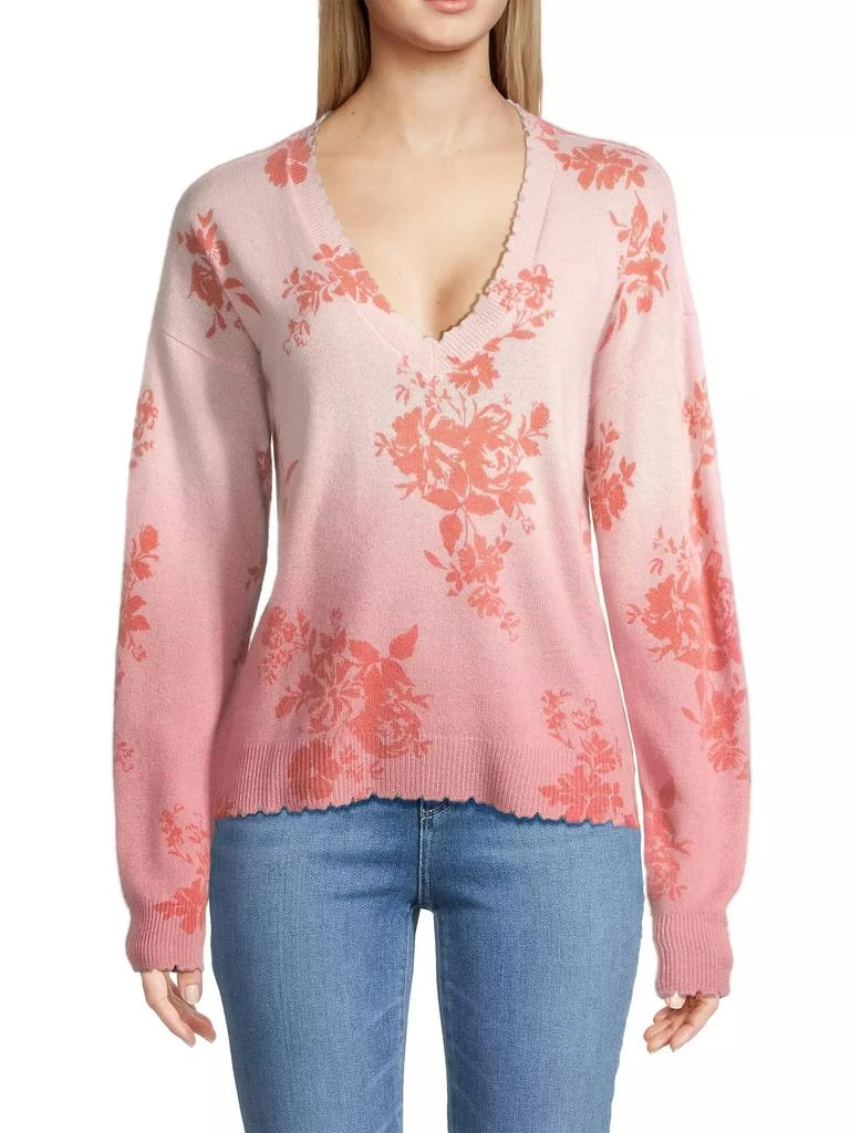 Minnie Rose Cashmere Ombré Floral V-Neck Sweater 3